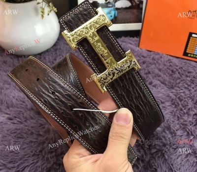 AAA Quality Hermes Gold Engrave Buckle with Brown Replica Belt - Newest